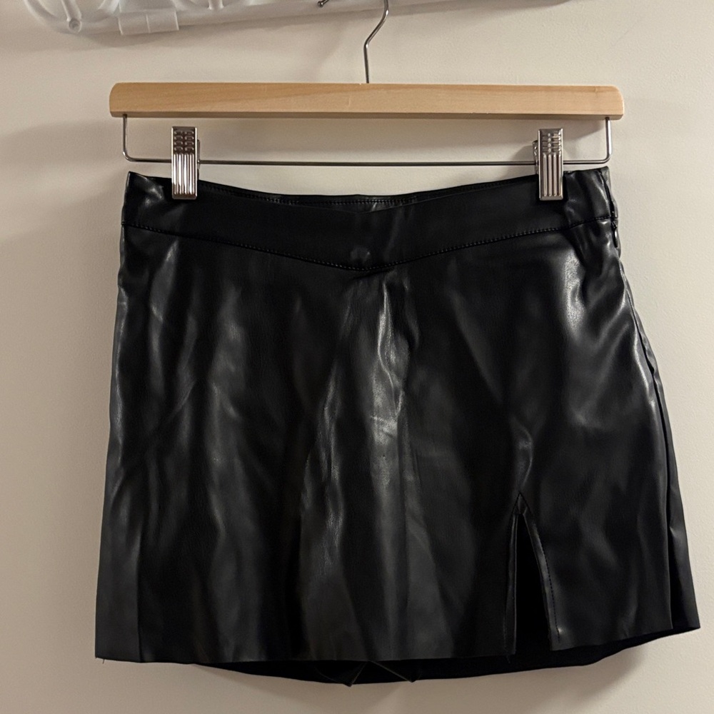 Black Faux Leather Mini Skirt with Front Slit NWT